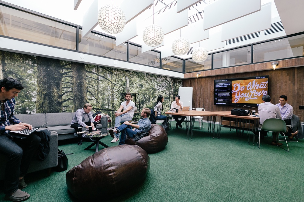 Members in the lounge of WeWork West Broadway in New York City.